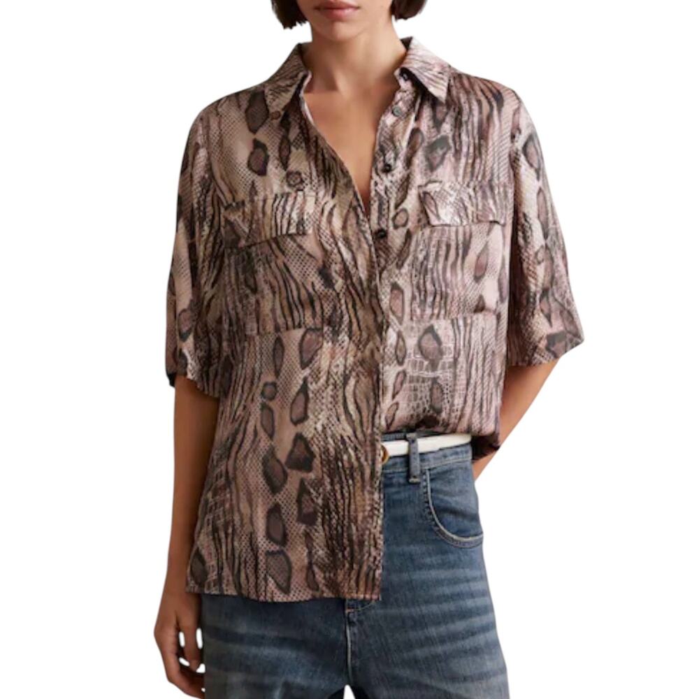 REISS Maya Snake Print Satin Blouse Women’s 6 Neutral Boxy Shirt Quiet Luxury